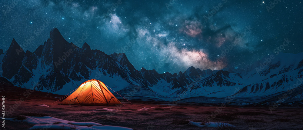 Starry Night Camping Under the Cosmic Galaxy: An Illuminated Tent in Snowy Mountain Wilderness Starry Night Camping Under the Cosmic Galaxy: An Illuminated Tent in Snowy Mountain Wilderness
