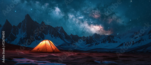 Starry Night Camping Under the Cosmic Galaxy: An Illuminated Tent in Snowy Mountain Wilderness