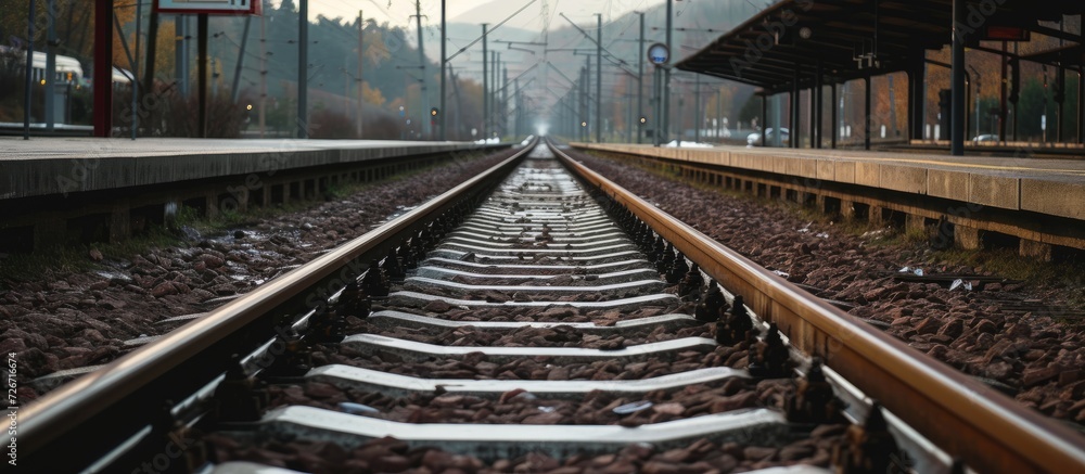 Empty railroad tracks and paved stones on a railway platform. Empty railroad tracks and paved stones on a railway platform.