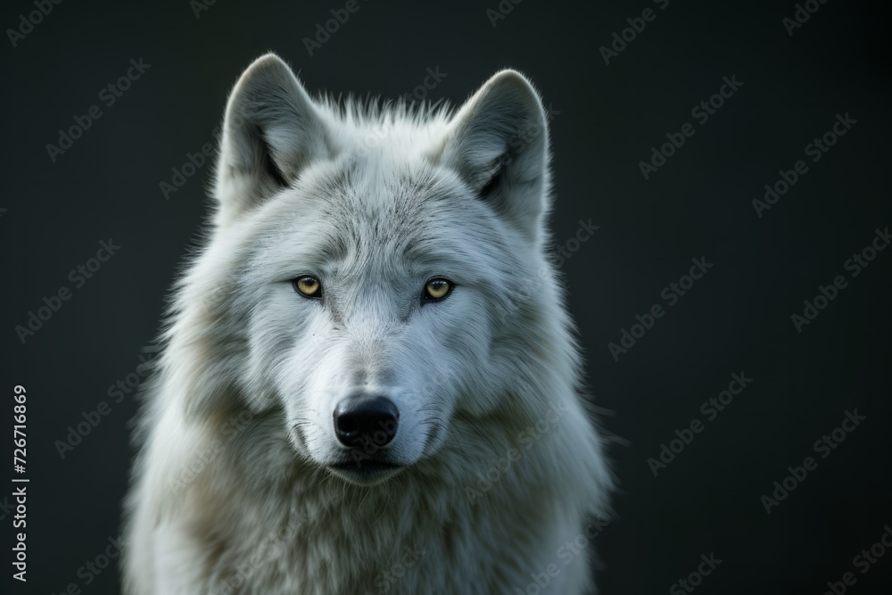 Captivating Stare Of A Majestic White Wolf, Set Against A Dramatic Background - Perfectly Symmetrical Photograph With Center Focus And Ample Space For Text