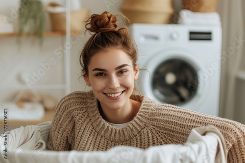 Delighted Woman Embracing The Ease Of Modern Laundry At Home: Captivating Symmetrical Image With Ample Room For Text photo