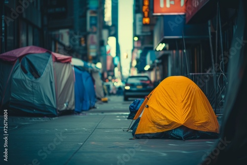 Homeless Individuals Seek Shelter In Makeshift Urban Tents: Captivating Photo With Balanced Composition And Empty Space