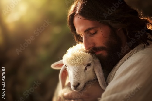 Captivating Christian Image: Jesus Embracing A Lamb With Love And Compassion In A Perfectly Symmetrical, Centred Photograph With Ample Copy Space