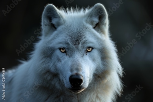 Intense Gaze Of Majestic White Wolf, Set Against Dark Backdrop