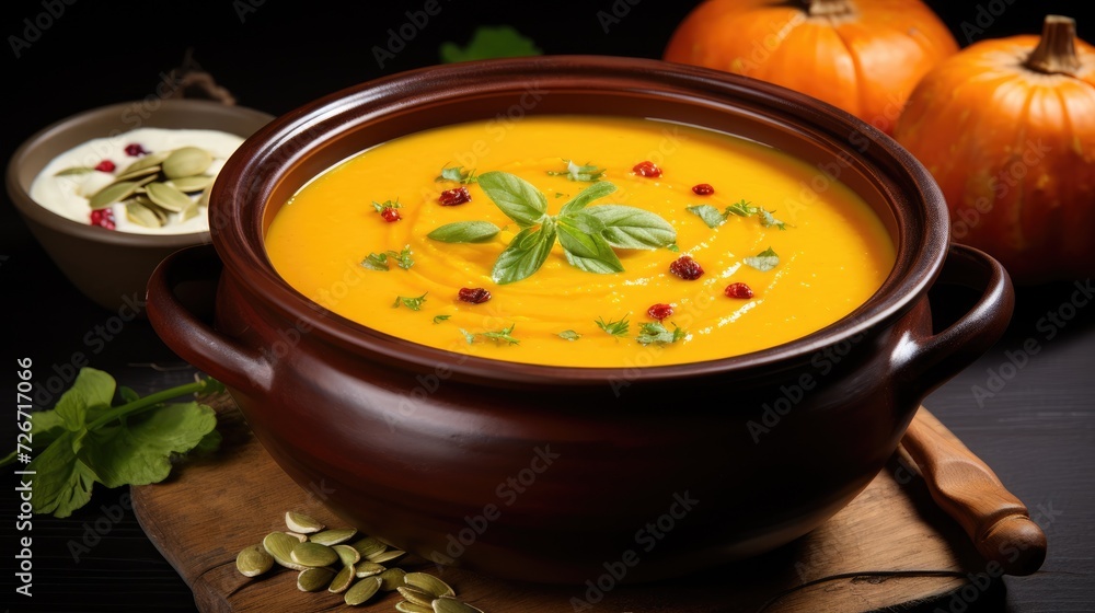 Bowl of pumpkin soup with bread,pumpkins and pumpkin seeds