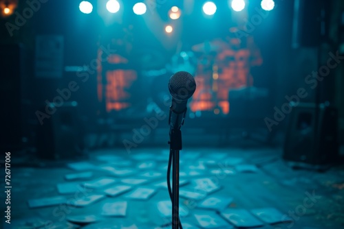 Symmetrical Photo Of Mic Stand And Concert Backdrop With Show Program Covers, Perfectly Centered