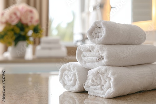 Neatly Stacked Towels On Counter, Ideal For Hotels, Spas, And Bathrooms