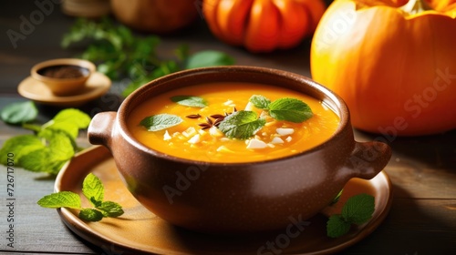Bowl of pumpkin soup with bread,pumpkins and pumpkin seeds