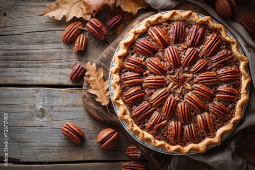 Perfectly Baked Pecan Pie On Wooden Table, Perfect For Festive Occasions