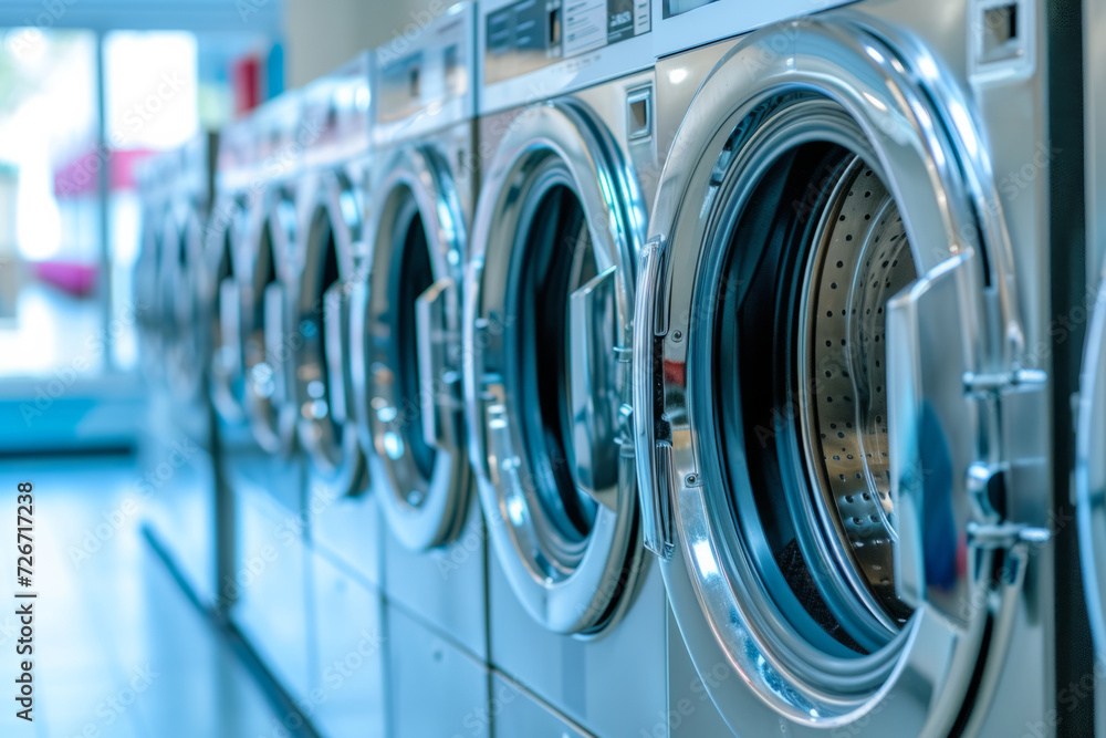 Fototapeta premium Commercial Washing Machines In Laundromat: Ensuring Clean And Stylish Clothes With Perfect Symmetry (Centered Photo)