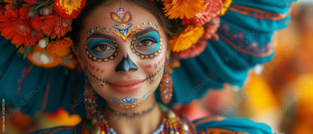 Dia de los muertos, Mexican holiday of the dead and halloween. Woman with skull make up and flowers.