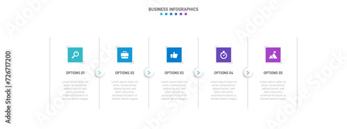 Timeline infographic with infochart. Modern presentation template with 5 spets for business process. Website template on white background for concept modern design. Horizontal layout.