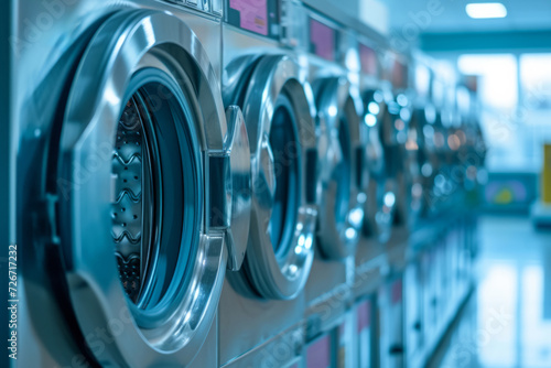 Row Of Commercial Washing Machines In Laundromat Maintain Clothes Cleanliness And Style