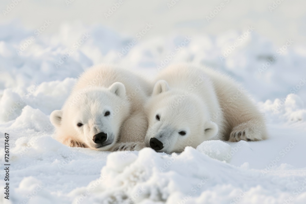 Two Adorable Polar Bear Cubs Snuggle Together On Snowy Landscape Two Adorable Polar Bear Cubs Snuggle Together On Snowy Landscape
