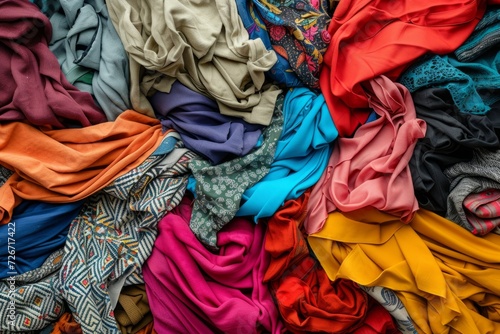 Textile Fabric Clothes Form Substantial Pile, Symbolizing Climate Change Awareness And Fashion Sustainability