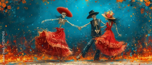 Characters dressed as skeletons dancing on Mexico's Day of the Dead
