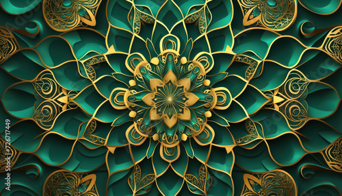 luxurious emerald and gold floral arabesque design, ceiling design 