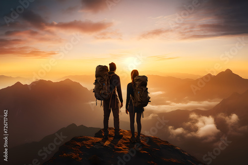 A man and woman hikers stand on top of a mountain at sunrise or sunset   They look towards the horizon together    enjoying their climbing success    beautiful view  breathtaking  view   happy couple 