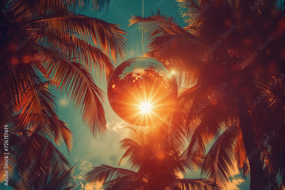Centered, Perfectly Symmetrical Photo Of A Retro Beach Party Setting: Vibrant Disco Ball Shines Amongst Palm Trees