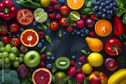 Artistic Arrangement Of Colorful Fruits And Vegetables On A Dark Background, Centered Composition
