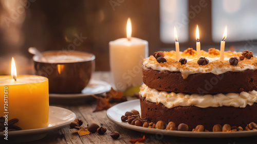 Breakfast table coffee birthday cake with candles autumn ambient warm light