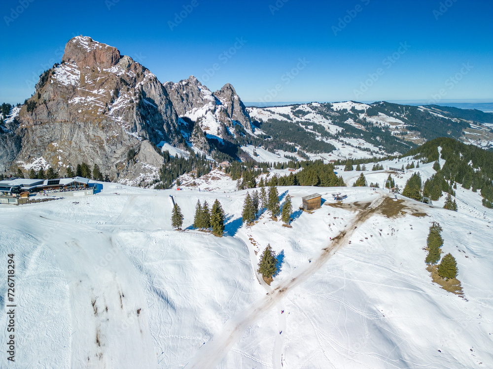 Beautiful view on snowy Grosser Mythen peak in canton of Schwyz in Switzerland as seen from Rotenflue