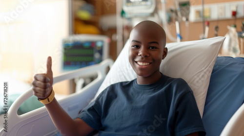 Smiling child cancer patient in hospital bed. Kid showing thumbs up after chemotherapy. Hope, victory over disease, childhood cancer awareness concept. photo