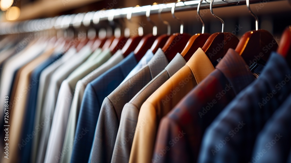 Obraz premium Close-up of several men's suits on hangers in a tailoring store. Luxury men's suits handcrafted and made to measure in store.