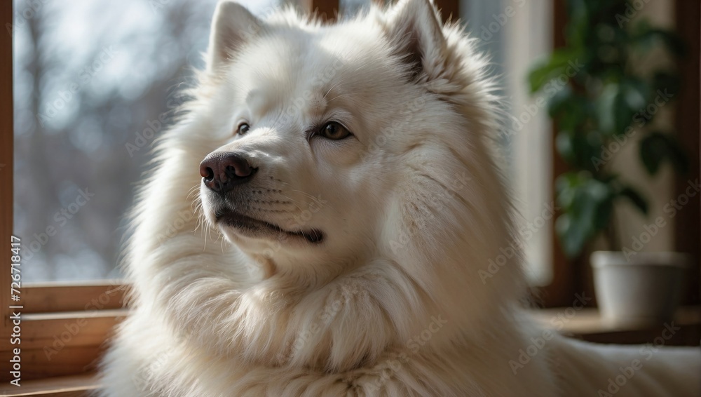 Close-up of a Samoyed dog with a snow-white coat and alert expression, gazing out of a window with a reflective look. Close-up of a Samoyed dog with a snow-white coat and alert expression, gazing out of a window with a reflective look.