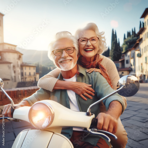 old retired couple riding a scooter in an old Italian city with paved streets