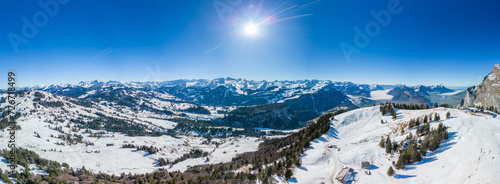 Beautiful view on snowy Grosser Mythen peak in canton of Schwyz in Switzerland as seen from Rotenflue