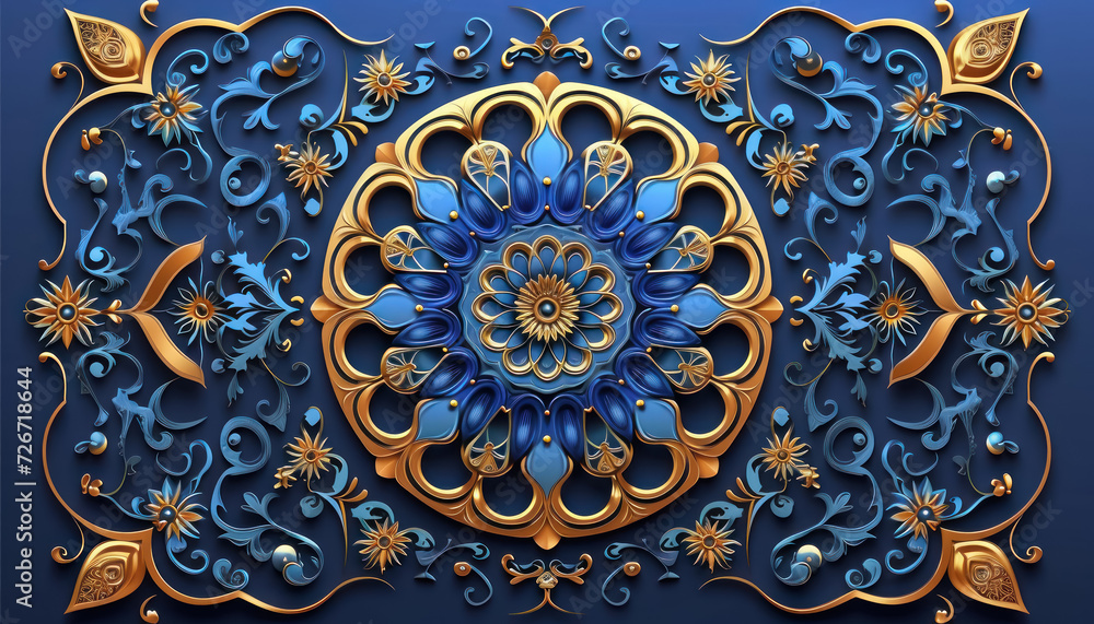 opulent blue and gold ceiling art with floral motifs