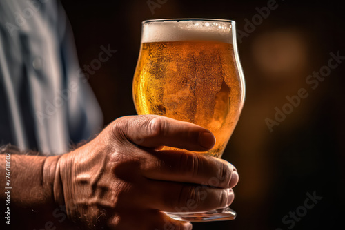 Unwind after a tough day at work as a mans hand clutches a satisfying glass of beer in a cozy pub. The perfect moment for relaxation and camaraderie. photo