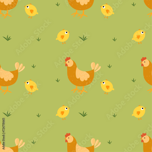 Seamless pattern with chicken, hen and chick on green background. Spring, summer motif. Vector illustration, cartoon, flat style.