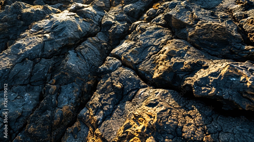 Sunlit Rugged Rock Texture, Detailed Black and Golden Stone Surface for Natural Background or Wallpaper