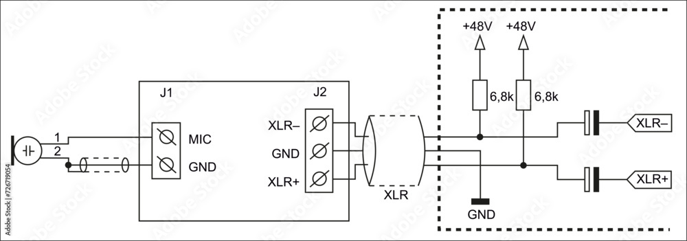 Technical schematic diagram of electronic device.
Vector drawing electrical circuit with 
microphone, connector, transmission line of 
data and electrical signal,
capacitor, resistor, other components