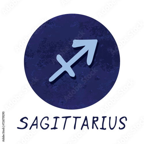 Hand drawn sagittarius zodiac sign in blue round frame Astrology doodle clipart Element for design
