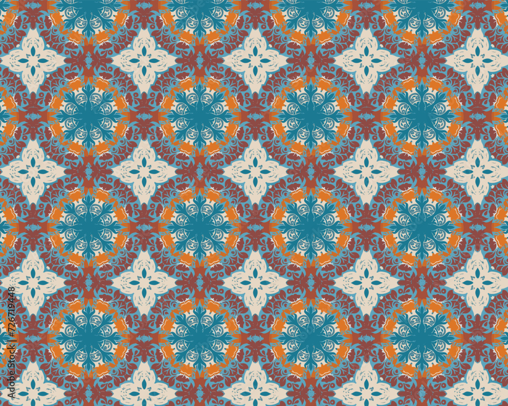 Seamless pattern in red, blue and orange colors.Seamless Geometric Pattern.Abstract texture designs can be used for backgrounds, motifs, textile, wallpapers, fabrics, gift wrapping, templates. endless
