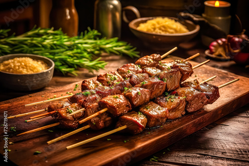 Irresistible satay skewers showcasing perfectly grilled meat  a tantalizing feast for the senses. Culinary artistry in every flavorful bite.