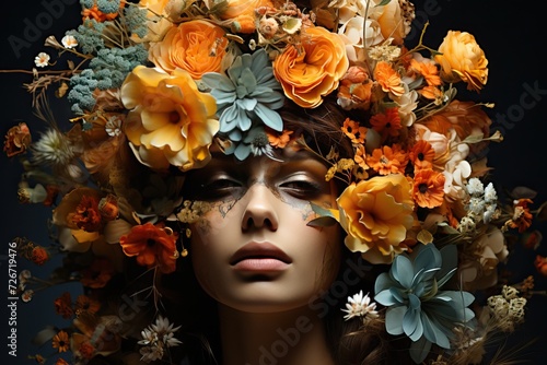 Front view of an art portrait of a young girl in a large wreath of flowers.