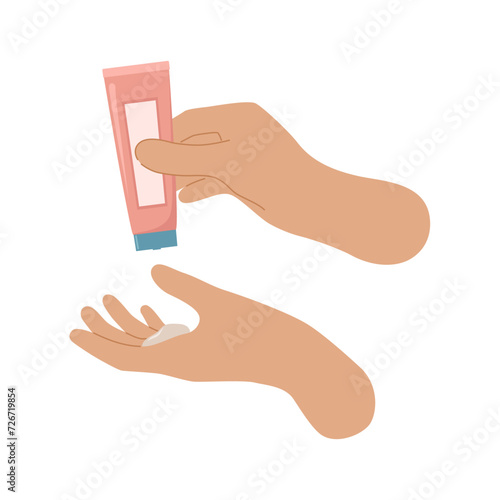 Cartoon woman hands apply cream from tube. Skincare routine. Daily cosmetic. Natural organic cosmetic product. Isolated vector illustration 