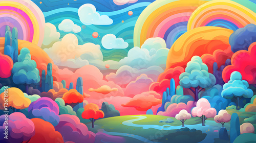 blue sky and clouds,, A cartoon illustration of a rainbow colored landscape with trees and a rainbow 