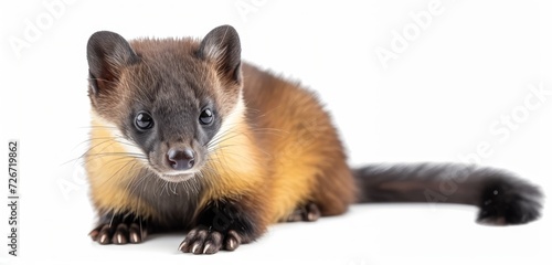 Close-up of a marten with detailed fur, isolated on a white background.