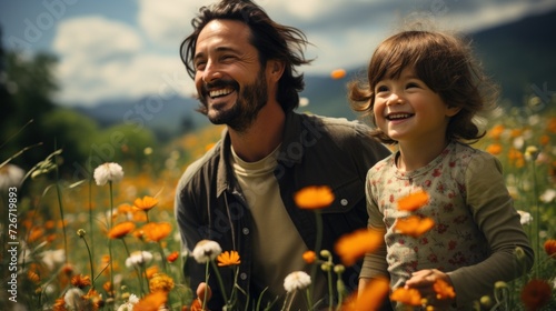 Radiant Father and Child Laughing in Flower Meadow