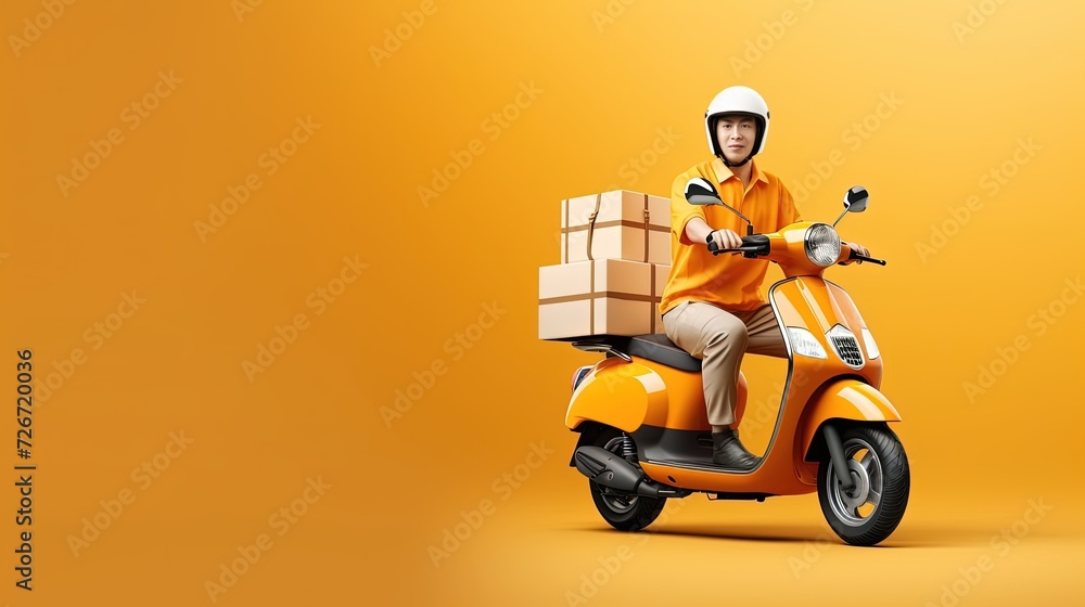 Scooter driver delivering food on orange background. Photo with copy space. Scooter driver delivering food on orange background. Photo with copy space.