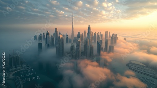 Dubai skyline, an impressive aerial top view of the city in Dubai Marina on a foggy