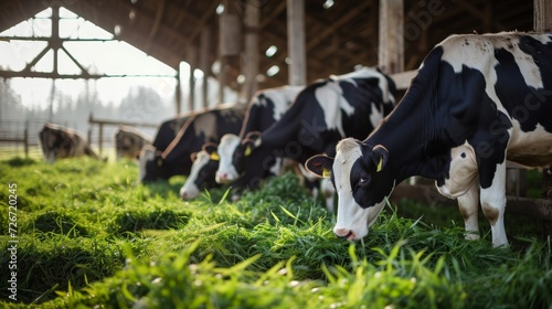 Cows grazing in a modern, naturally lit barn, showcasing a blend of nature and technology.