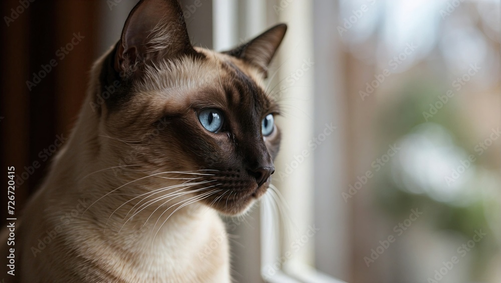 A thoughtful Siamese cat with piercing blue eyes looking out the window, its face highlighted by natural light, emphasizing the breed's distinct color points.