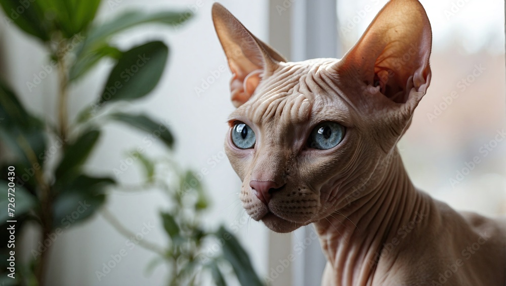 A Sphynx cat with vivid blue eyes and prominent ears, looking outside with an attentive expression, showcasing its hairless skin and feline features.