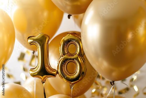 Balloons in the shape of the number 18, celebrate birthday, gold color photo